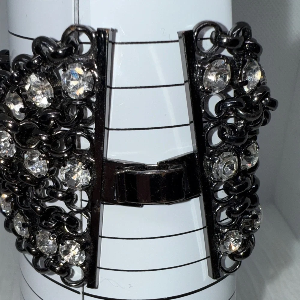 Vintage thick gun metal Black Chain Bracelet scattered rhinestones